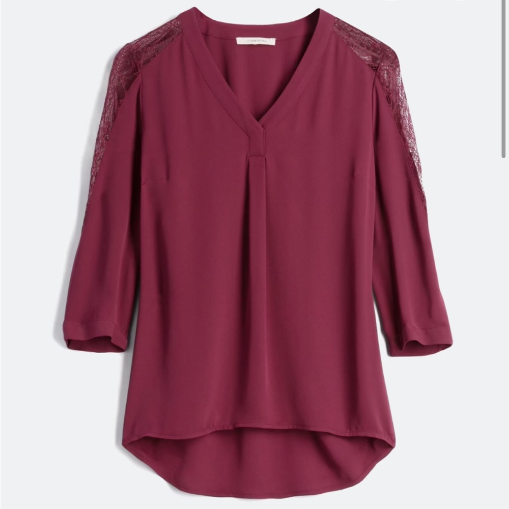 41 Hawthorn Burgundy 3/4 Lace Inset Sleeve V-neck Blouse